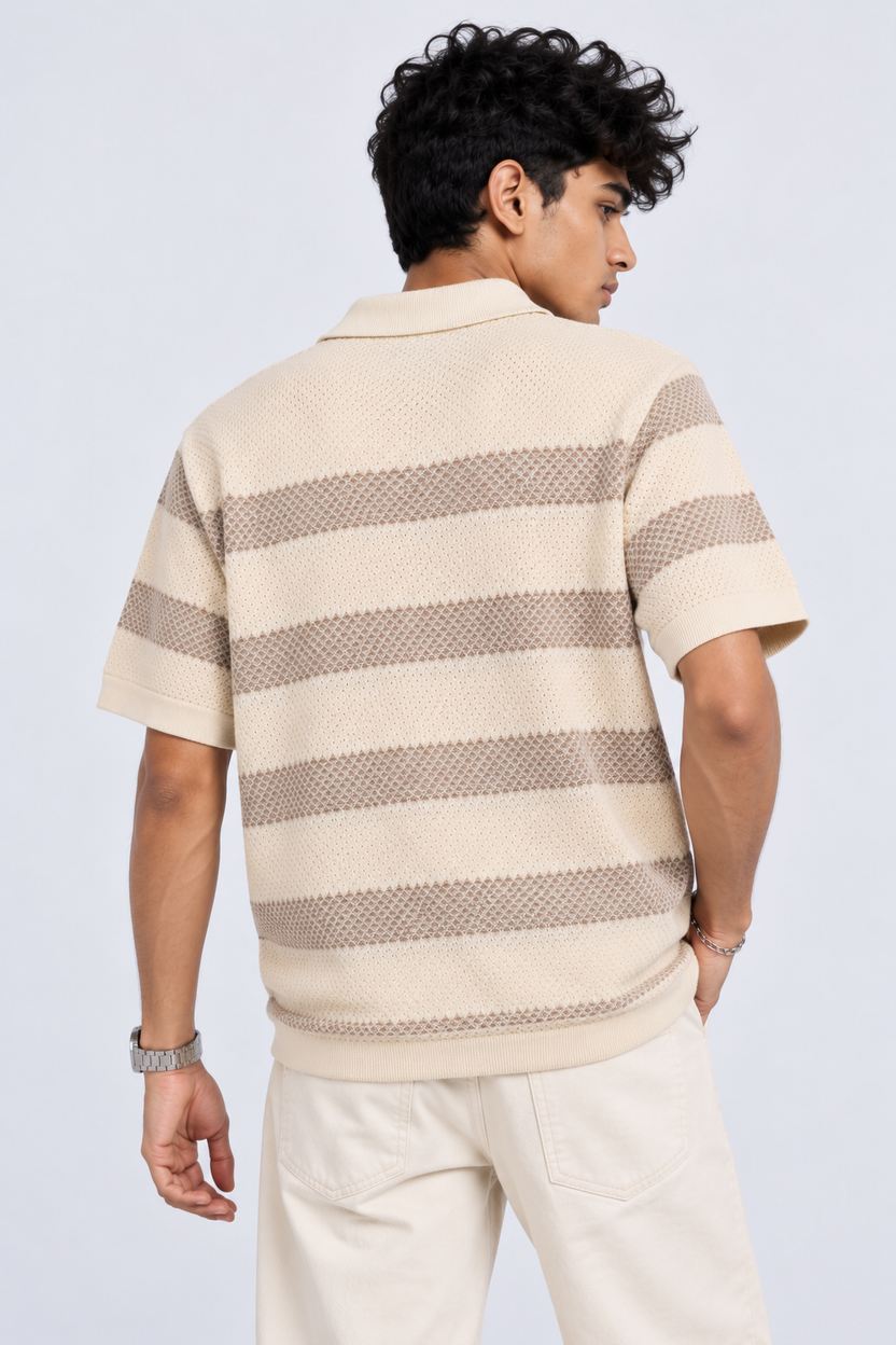Mens Beige Striped Textured Knit Polo T-Shirt - Image 5