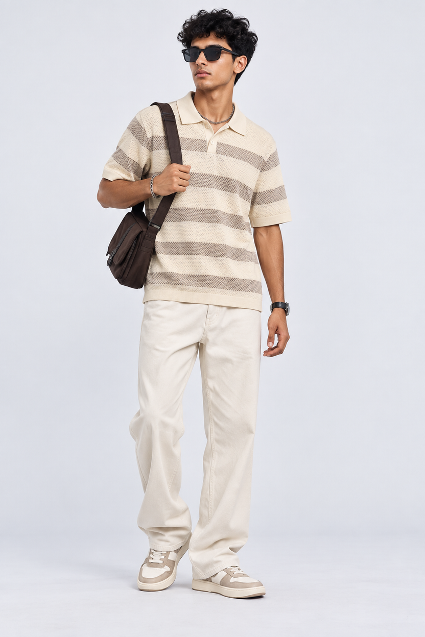Mens Beige Striped Textured Knit Polo T-Shirt - Image 6