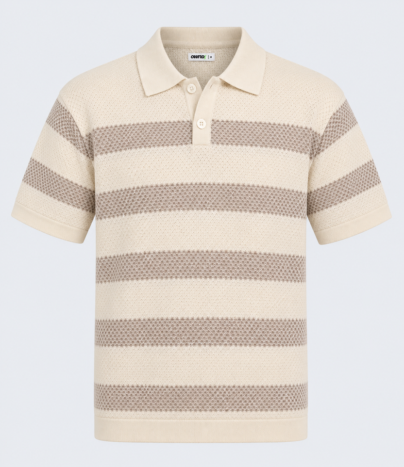 Mens Beige Striped Textured Knit Polo T-Shirt - Image 7