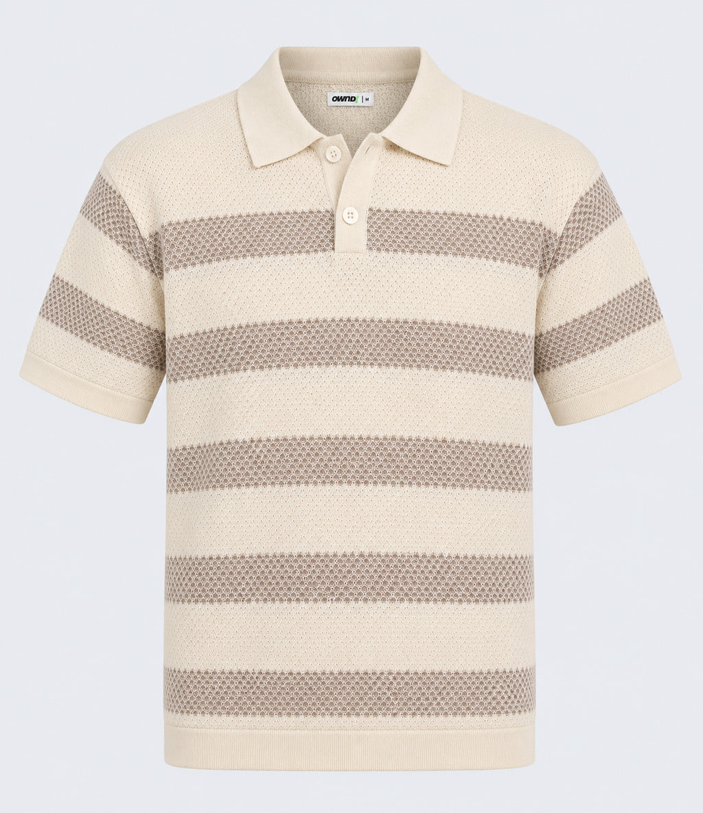 Mens Beige Striped Textured Knit Polo T-Shirt - Image 7