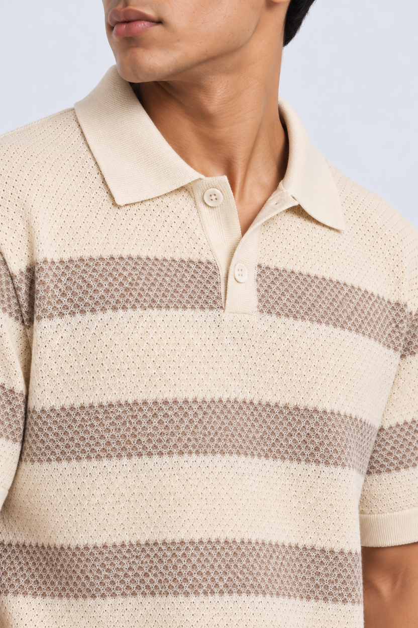 Mens Beige Striped Textured Knit Polo T-Shirt - Image 9