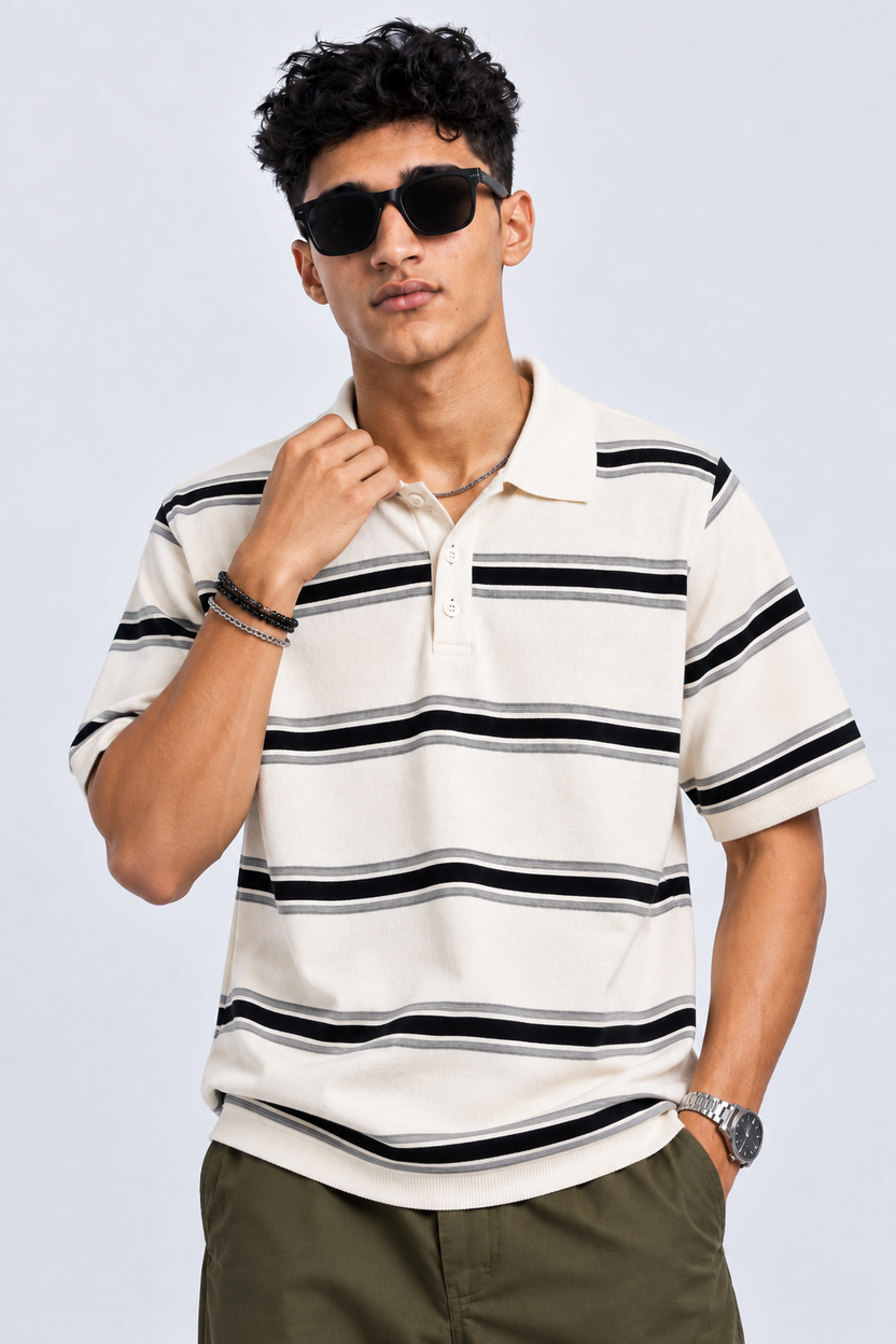 Mens Striped White Polo Collar T-Shirt - Image 1