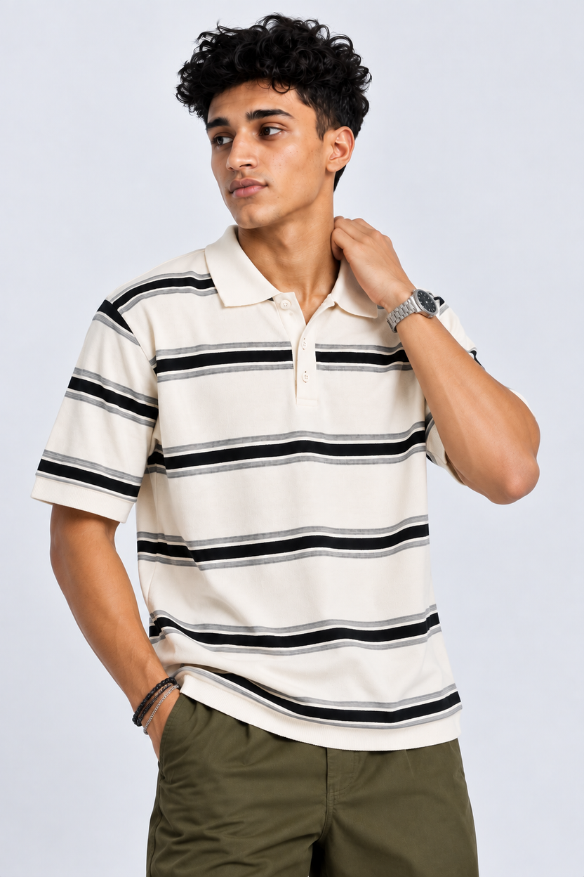 Mens Striped White Polo Collar T-Shirt - Image 2