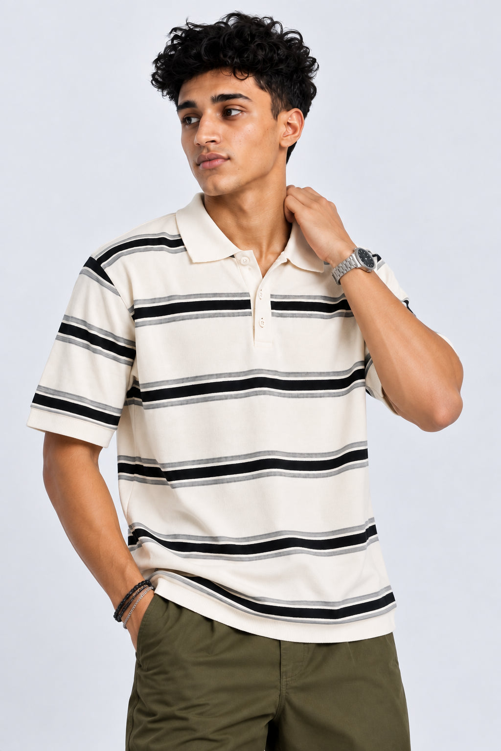 Mens Striped White Polo Collar T-Shirt - Image 2