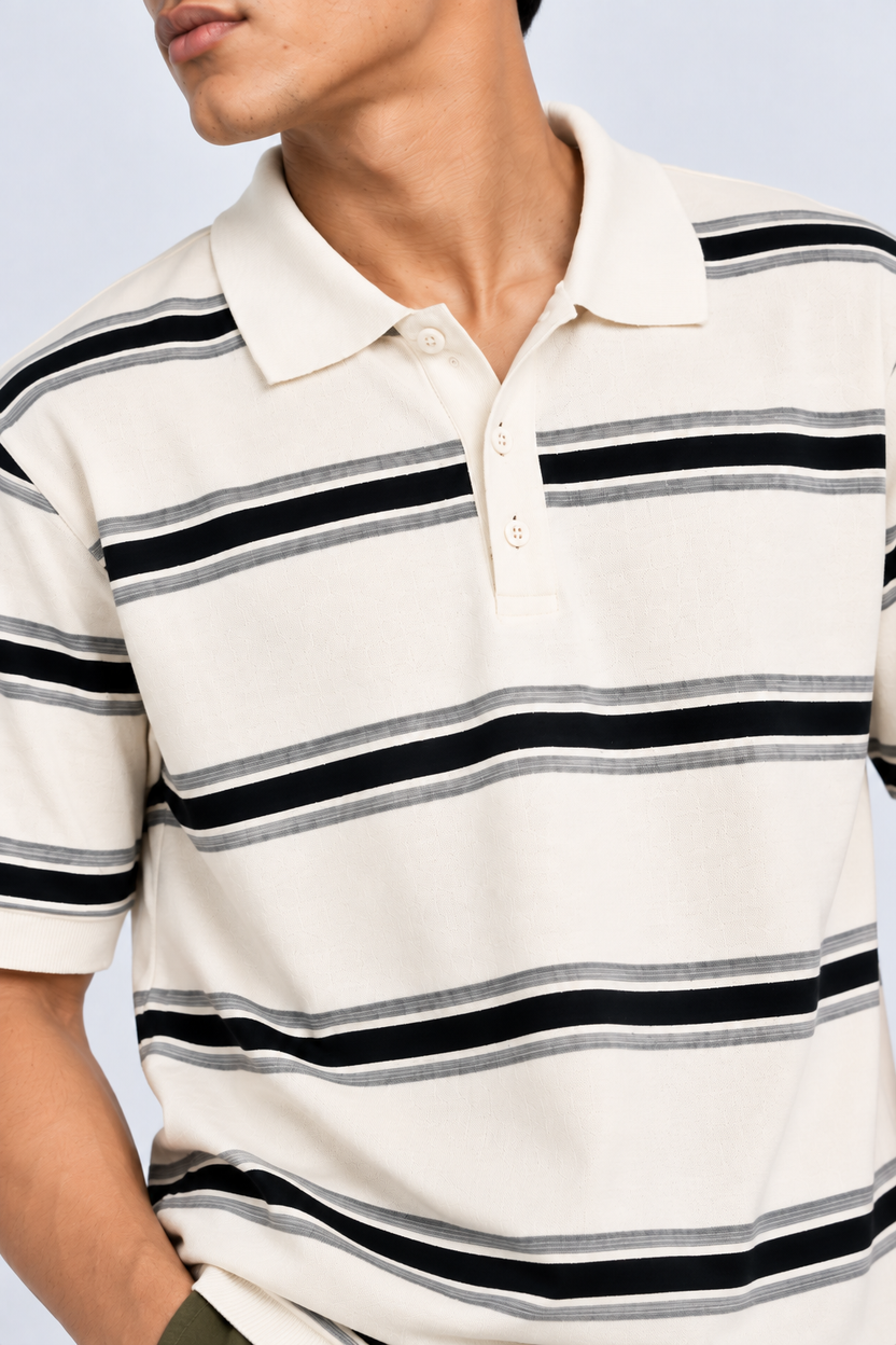 Mens Striped White Polo Collar T-Shirt - Image 3