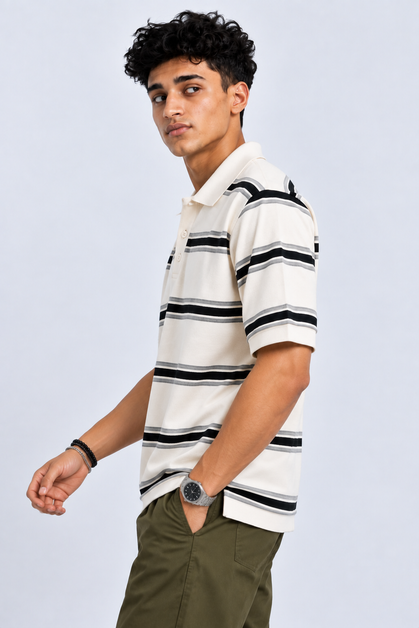 Mens Striped White Polo Collar T-Shirt - Image 4