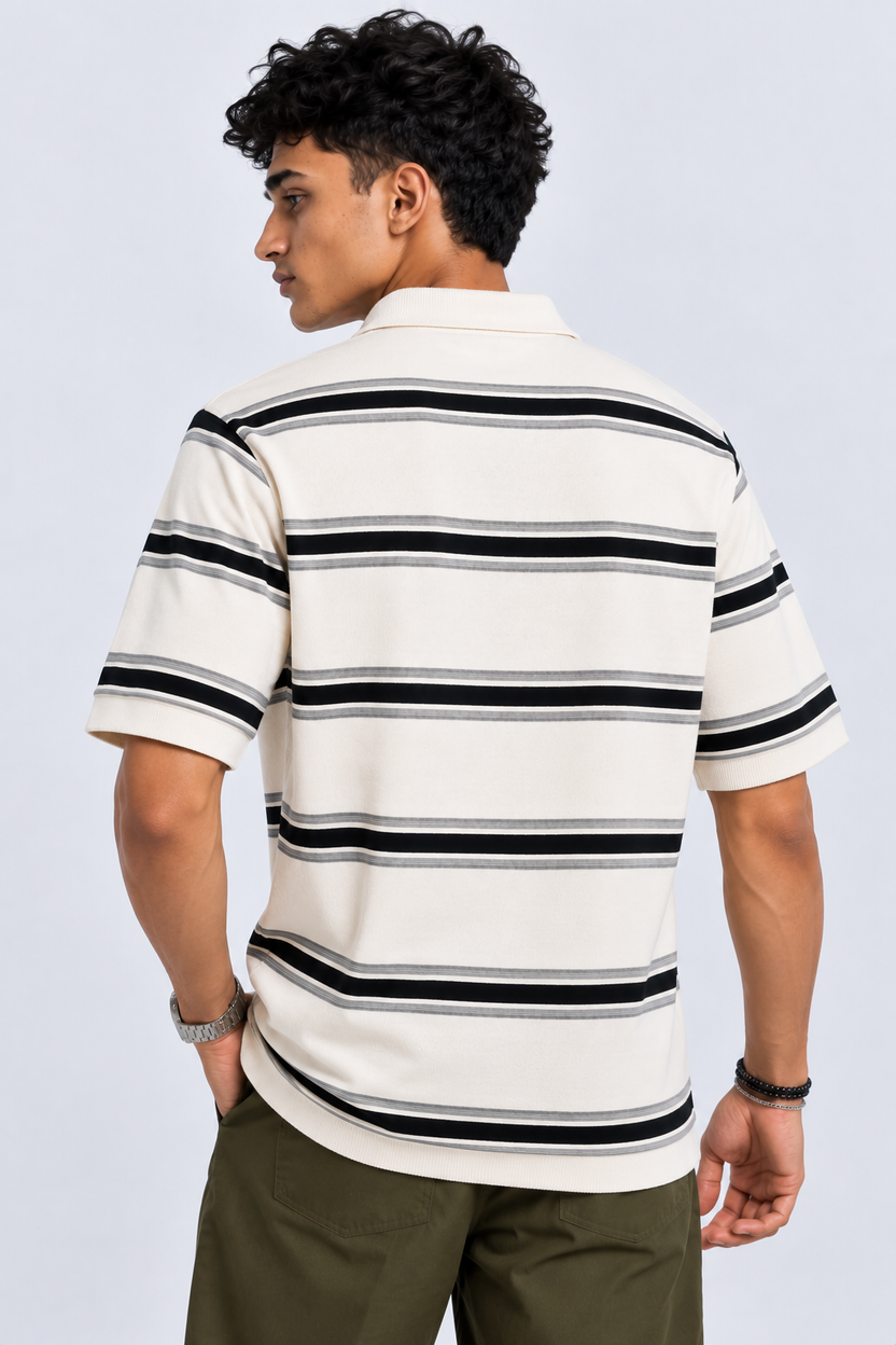 Mens Striped White Polo Collar T-Shirt - Image 5