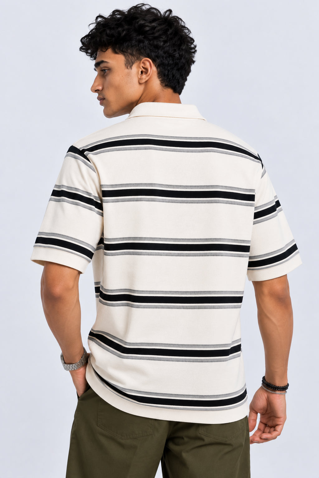 Mens Striped White Polo Collar T-Shirt - Image 5