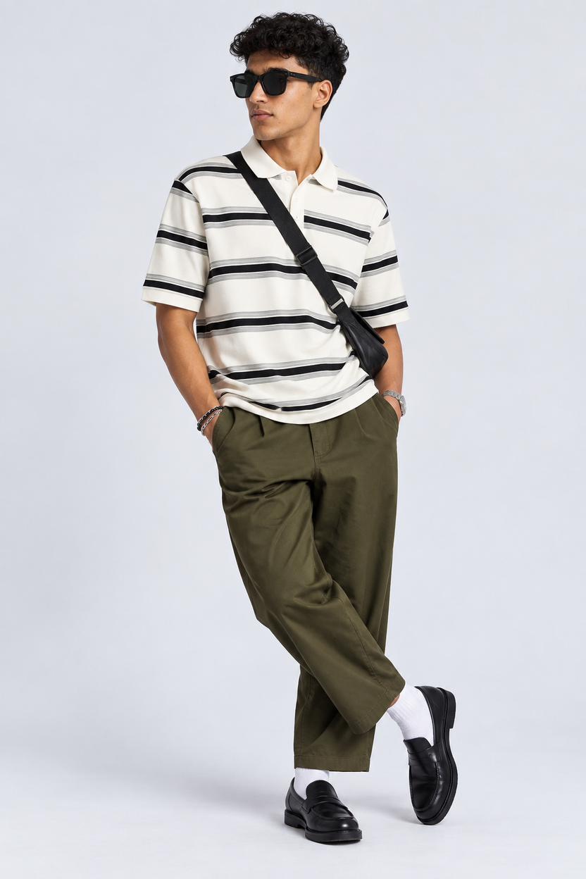 Mens Striped White Polo Collar T-Shirt - Image 6