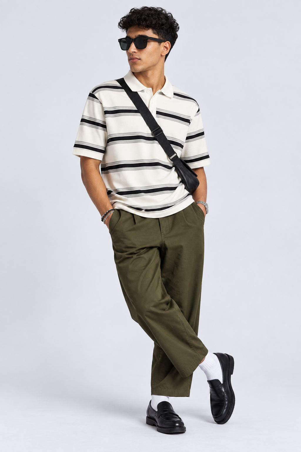 Mens Striped White Polo Collar T-Shirt - Image 6