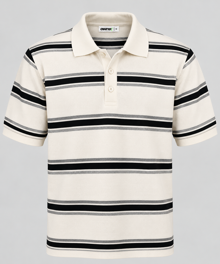 Mens Striped White Polo Collar T-Shirt - Image 7