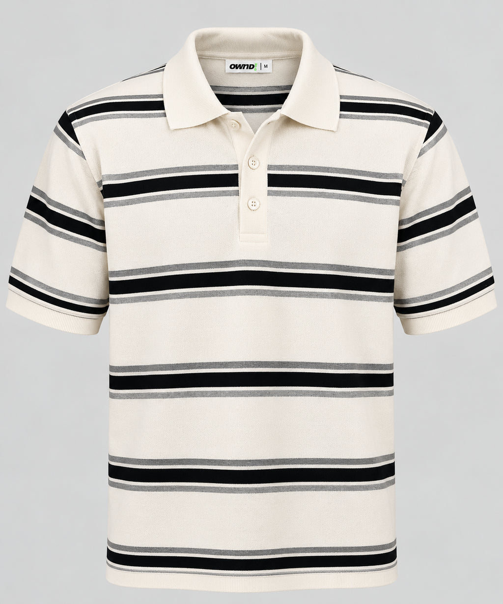 Mens Striped White Polo Collar T-Shirt - Image 7