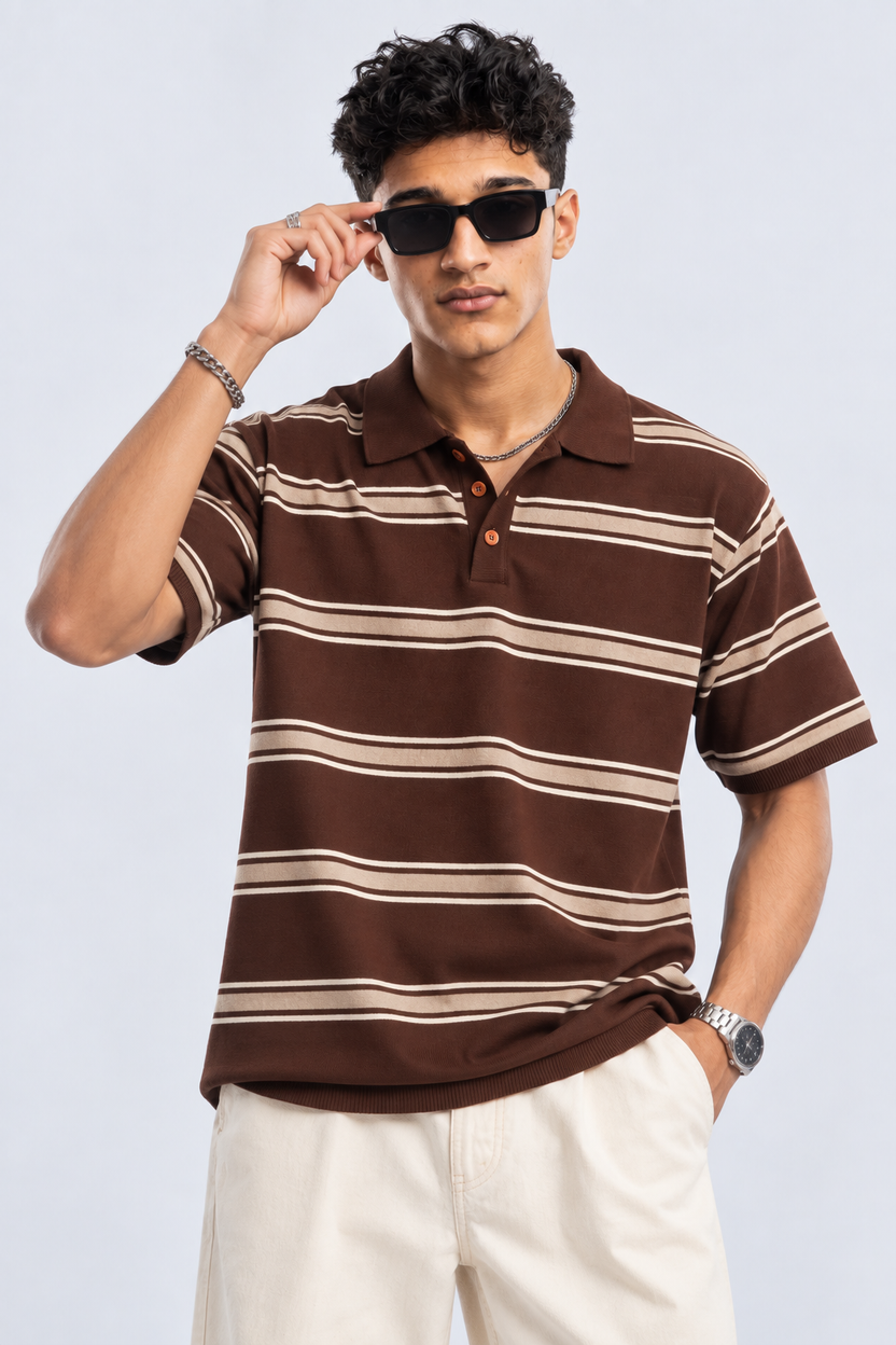 Mens Striped Brown Polo Collar T-Shirt - Image 1