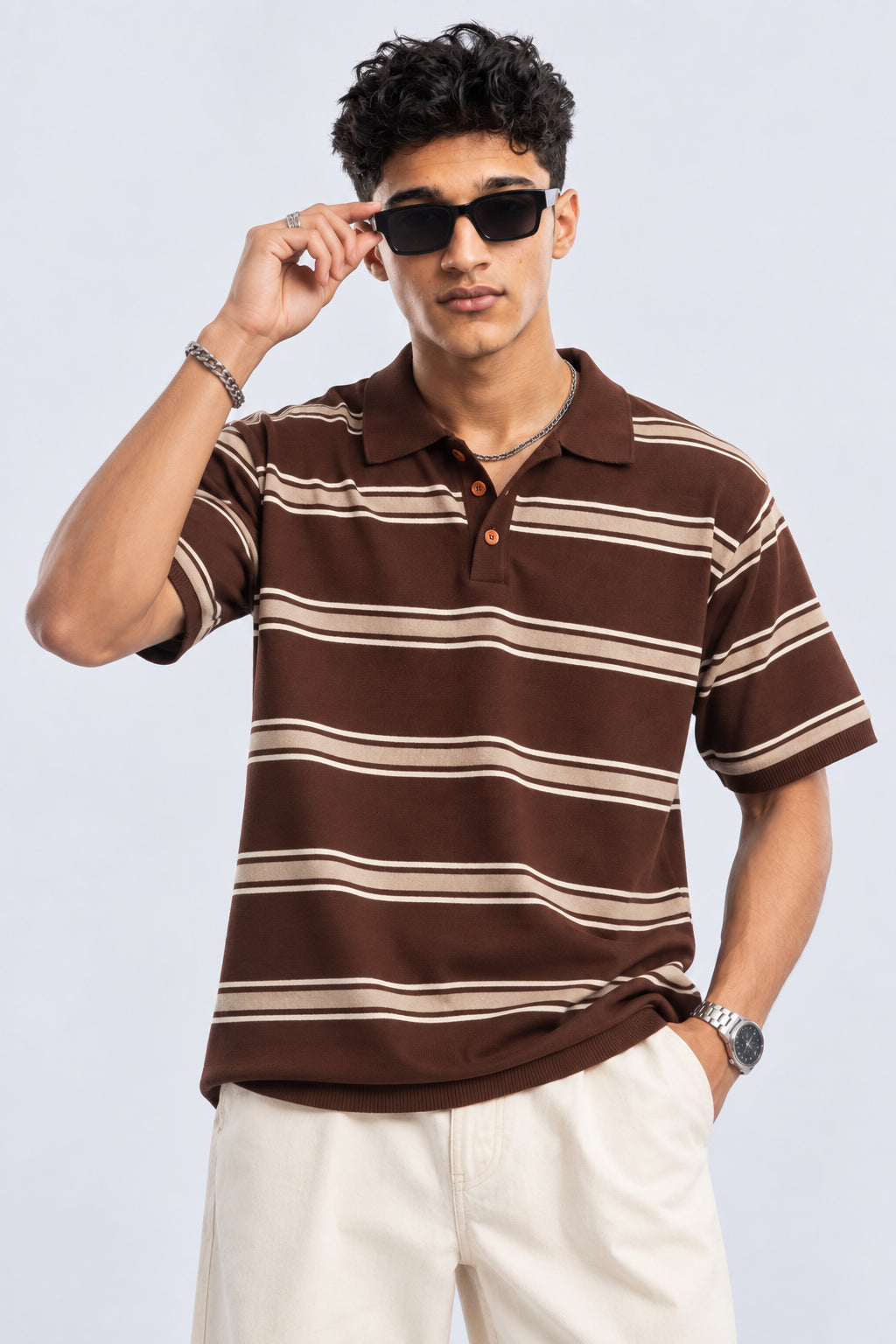 Mens Striped Brown Polo Collar T-Shirt - Image 1