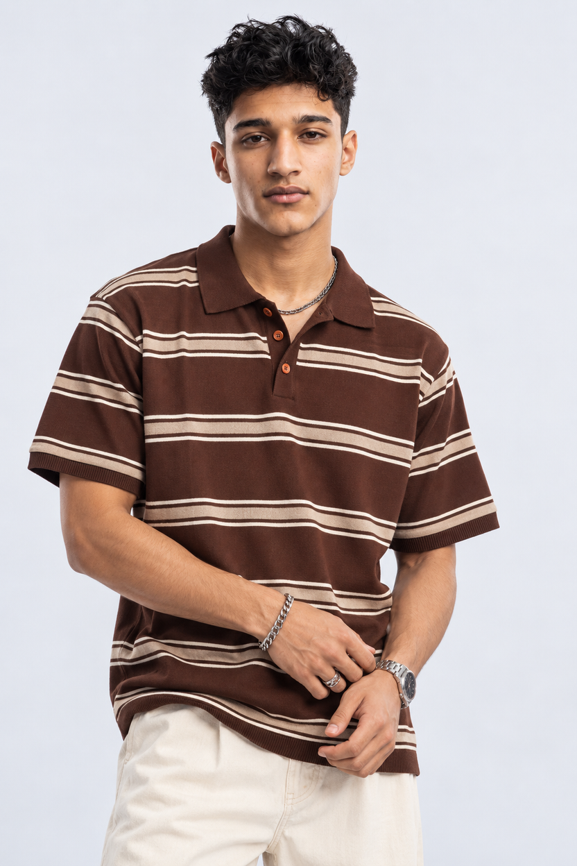 Mens Striped Brown Polo Collar T-Shirt - Image 2