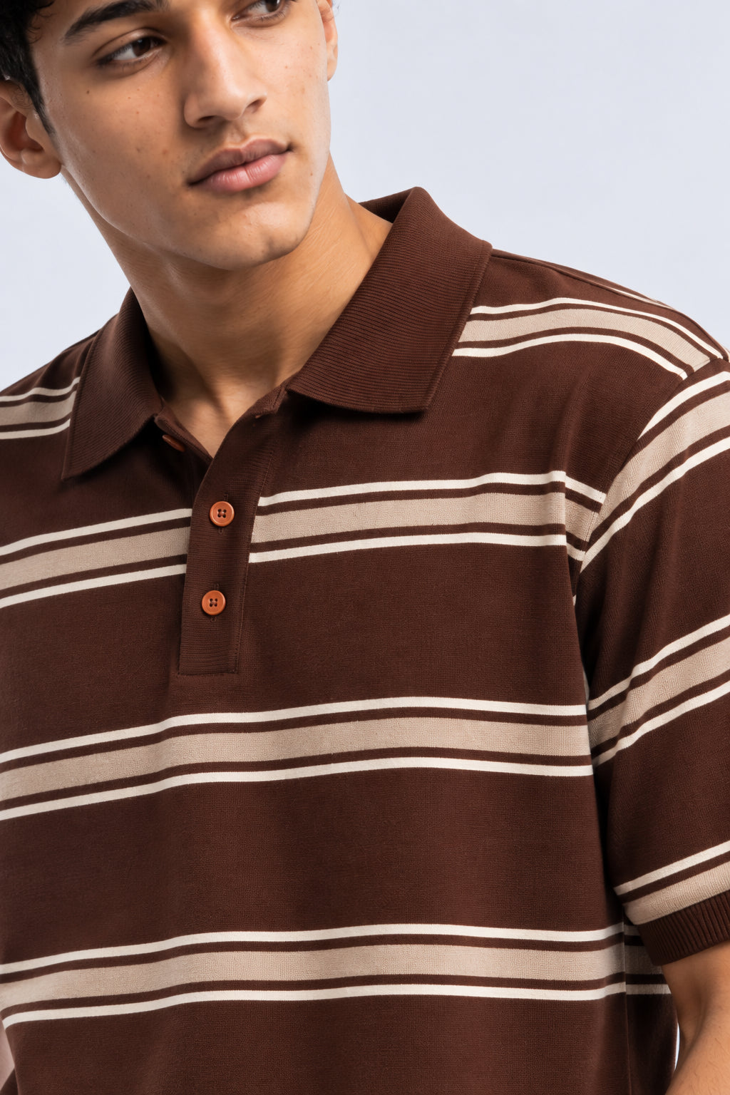 Mens Striped Brown Polo Collar T-Shirt - Image 3