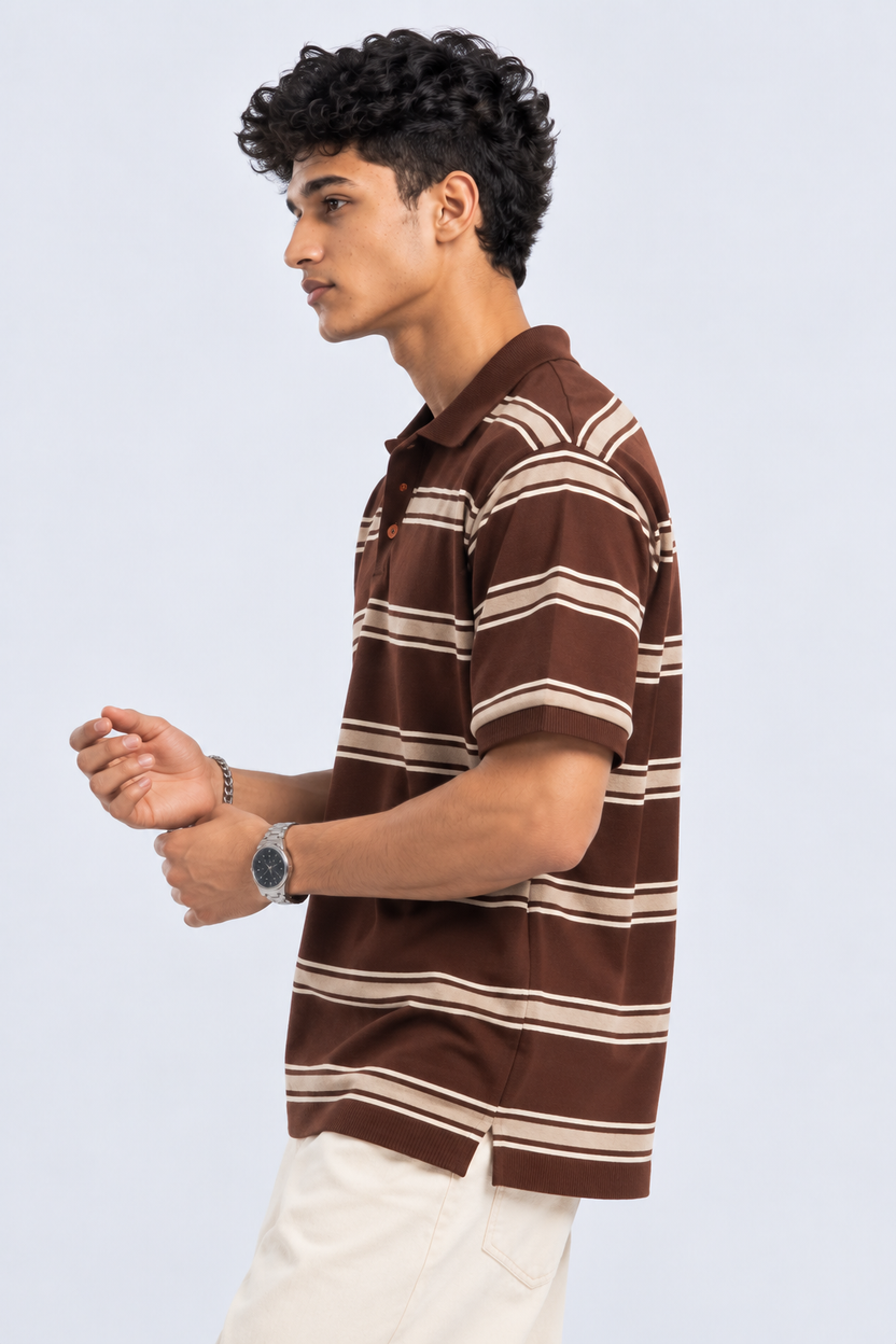 Mens Striped Brown Polo Collar T-Shirt - Image 4