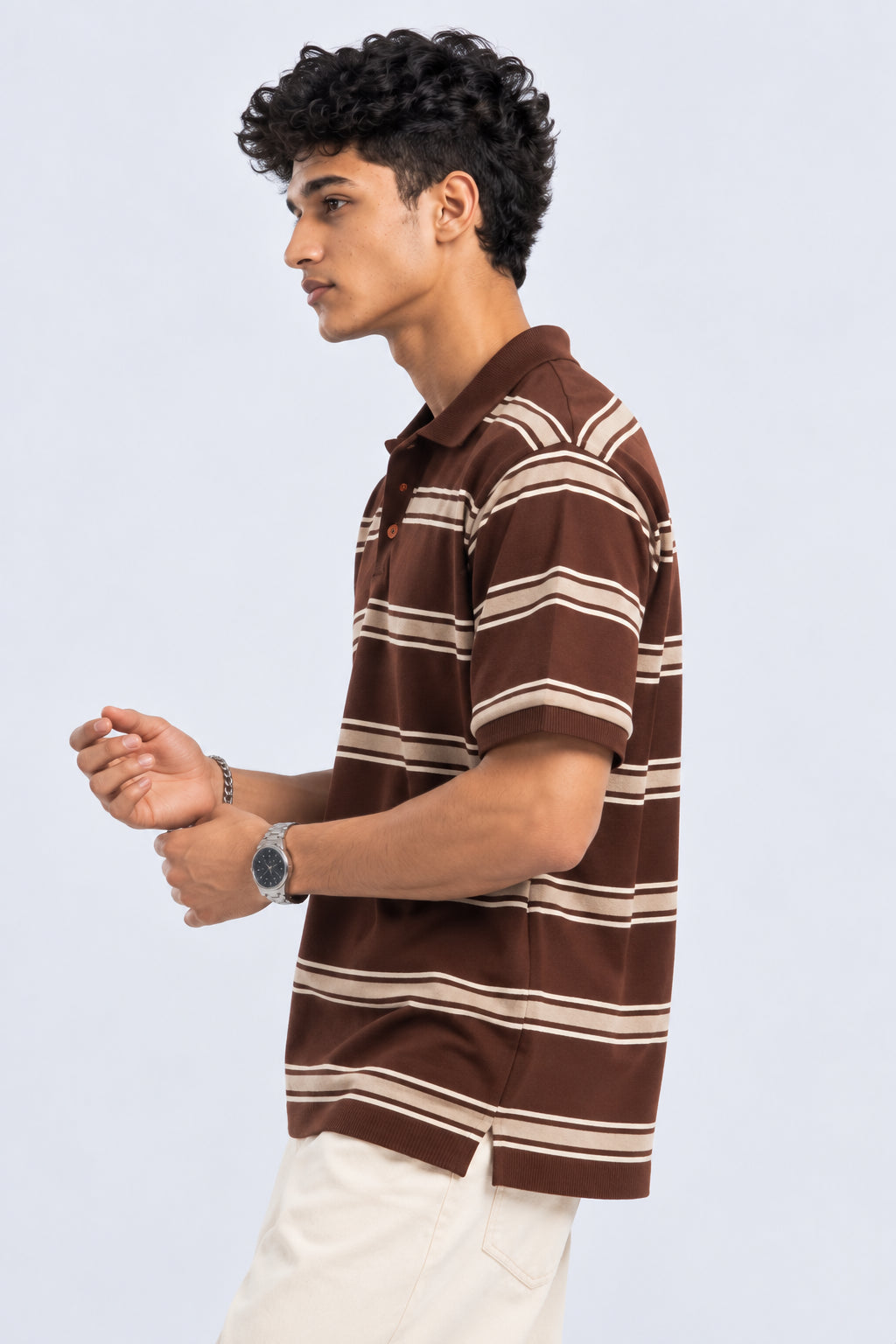 Mens Striped Brown Polo Collar T-Shirt - Image 4
