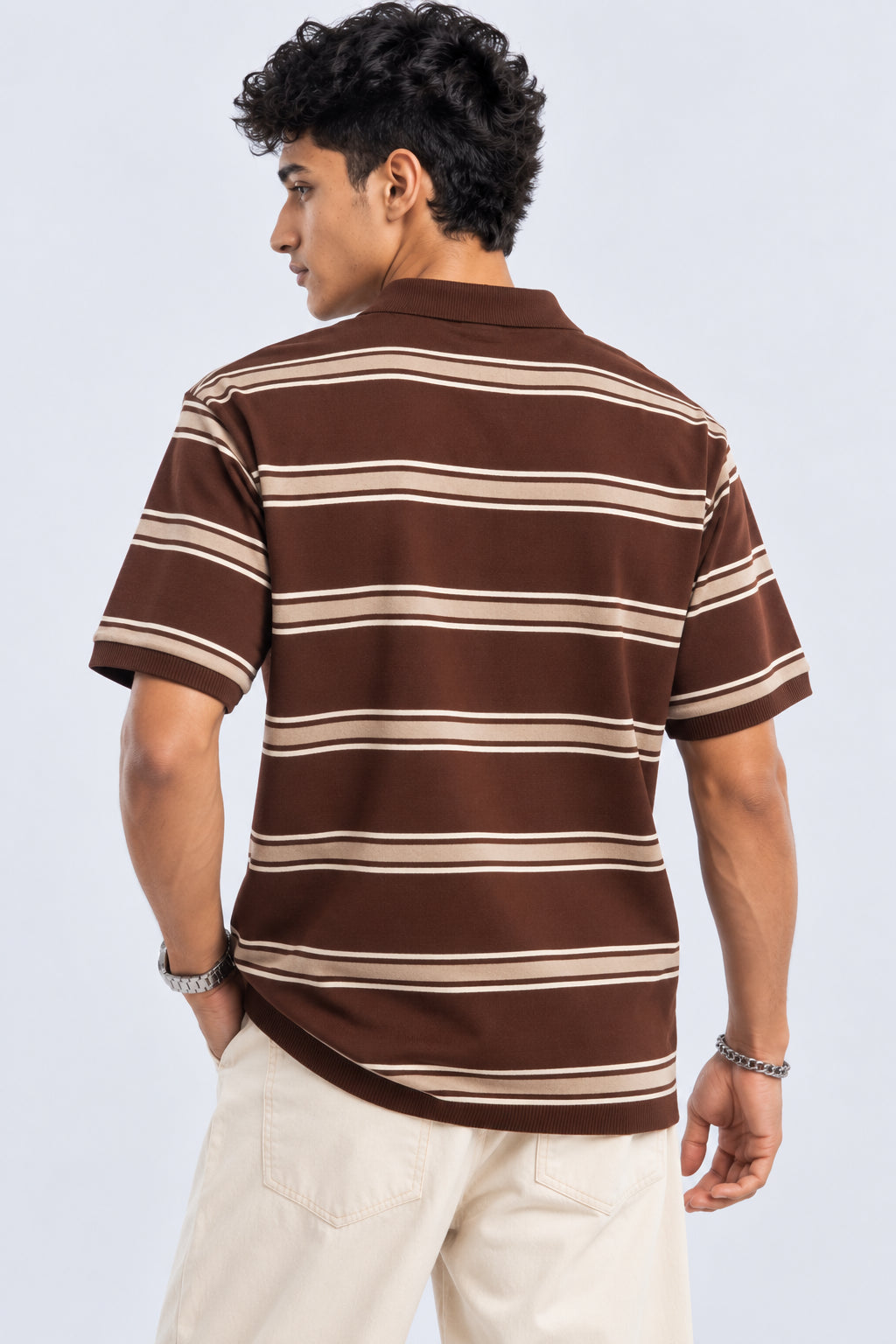 Mens Striped Brown Polo Collar T-Shirt - Image 5
