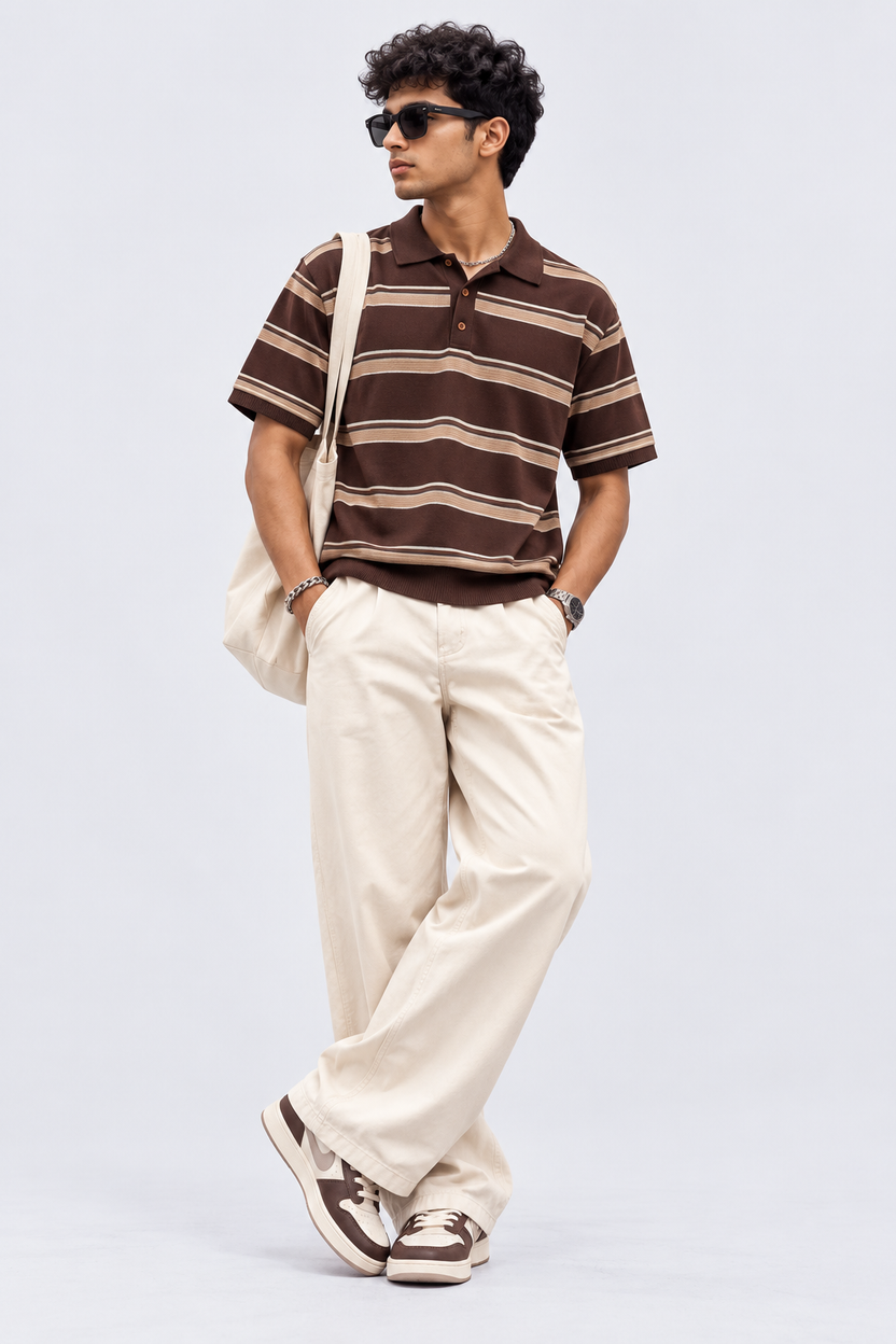 Mens Striped Brown Polo Collar T-Shirt - Image 6