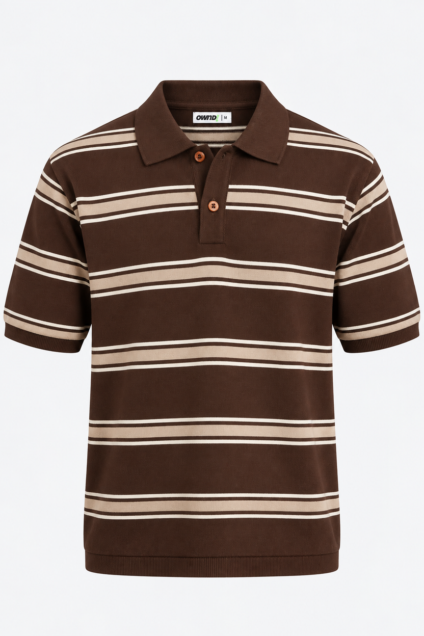 Mens Striped Brown Polo Collar T-Shirt - Image 7