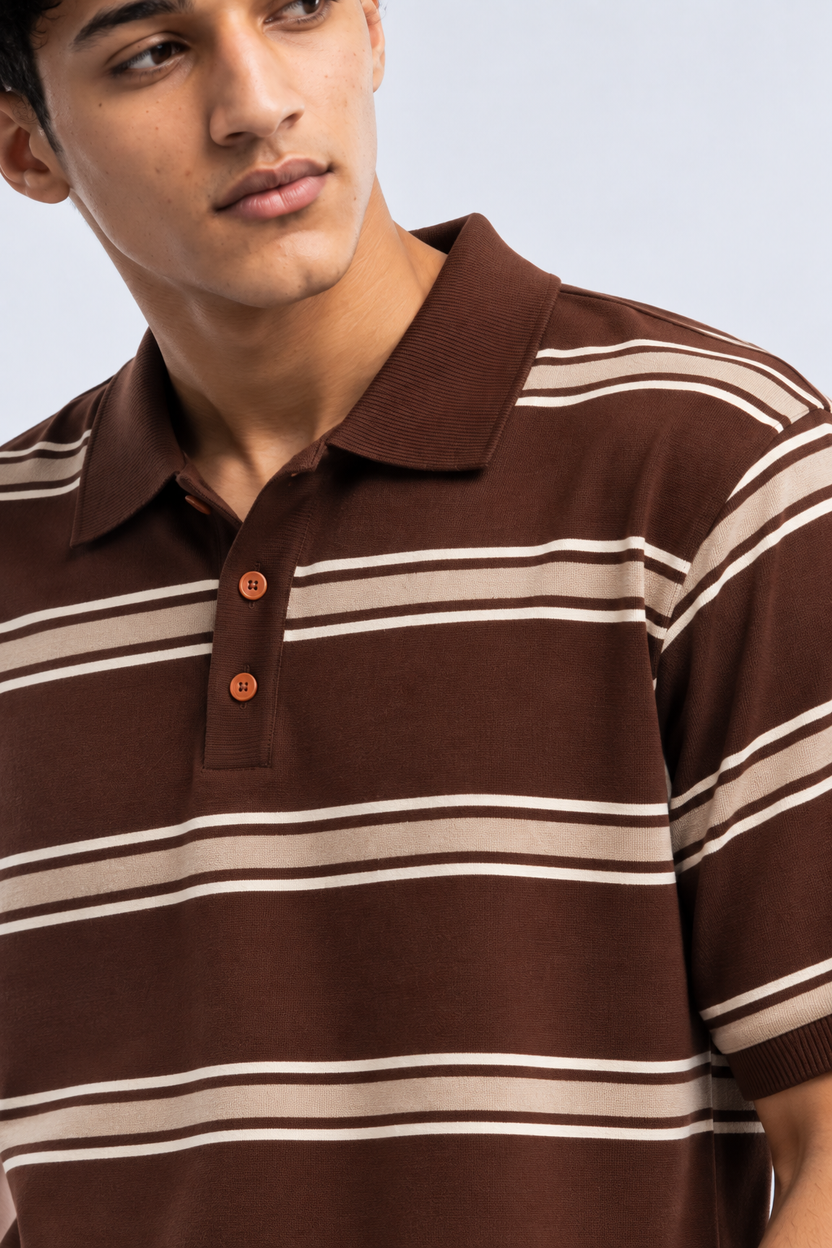 Mens Striped Brown Polo Collar T-Shirt - Image 9