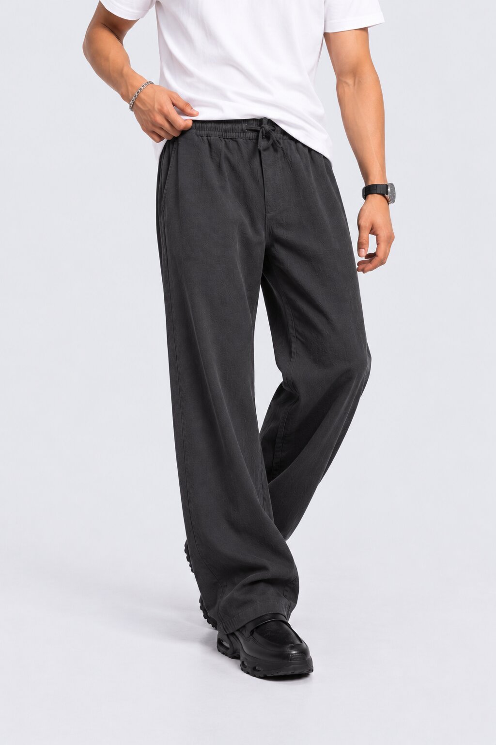 Mens Solid Black Regular Fit Drawstring Trouser - Image 2