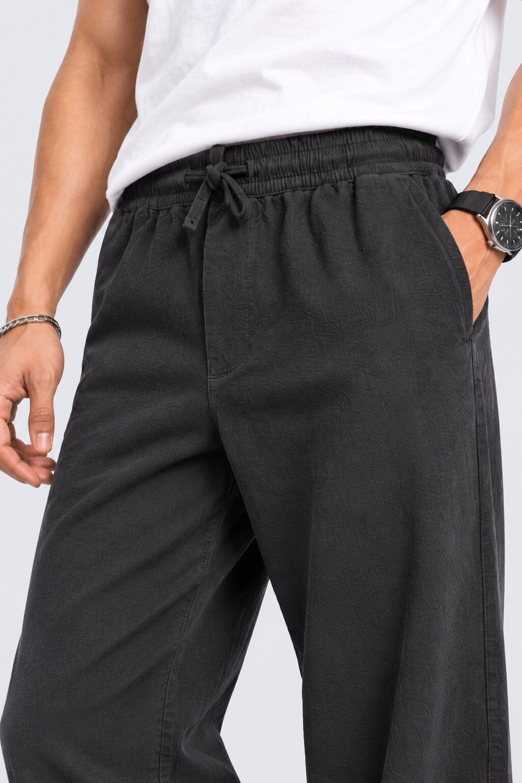 Mens Solid Black Regular Fit Drawstring Trouser - Image 9