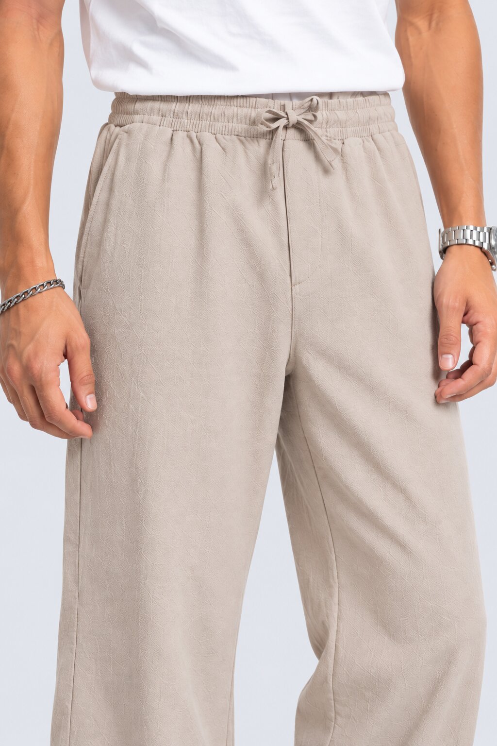Mens Solid Cream Regular Fit Drawstring Trouser - Image 9