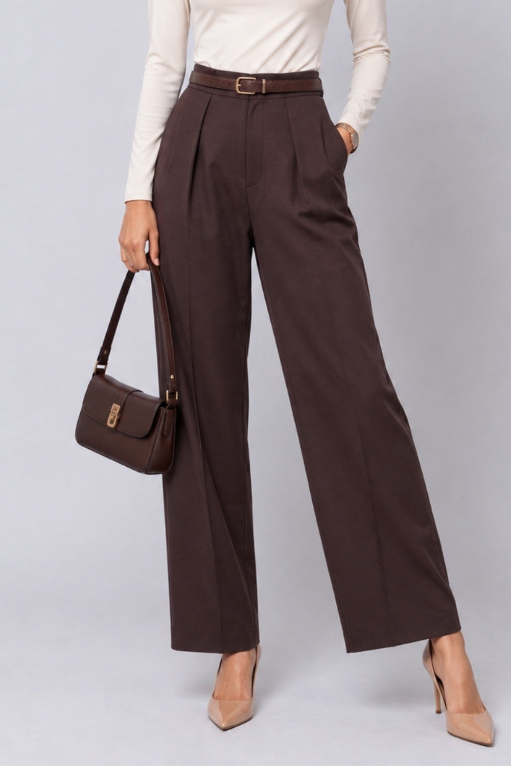 Womens Brown Regular Pleated Trouser - Image 1