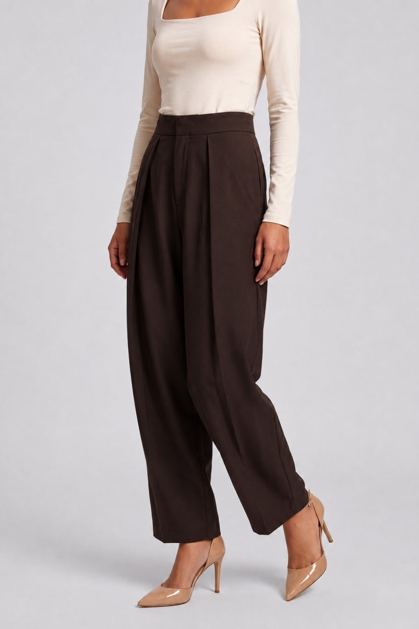 Womens Brown Regular Pleated Trouser - Image 4