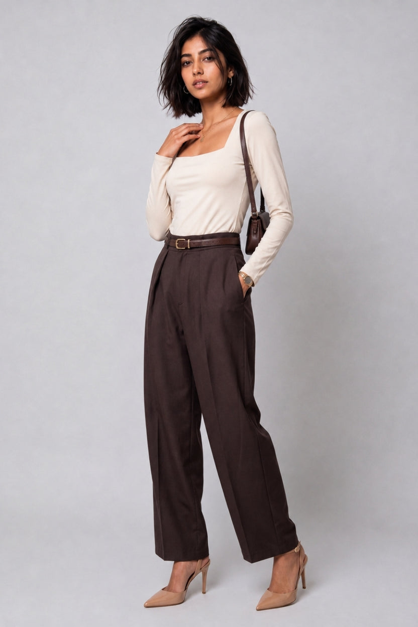 Womens Brown Regular Pleated Trouser - Image 6