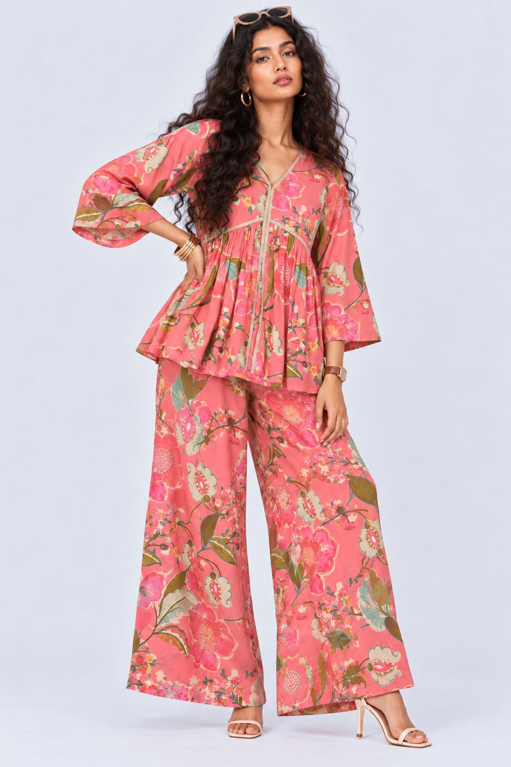 Womens Pink Floral Print Peplum Co-Ord Set - Image 1