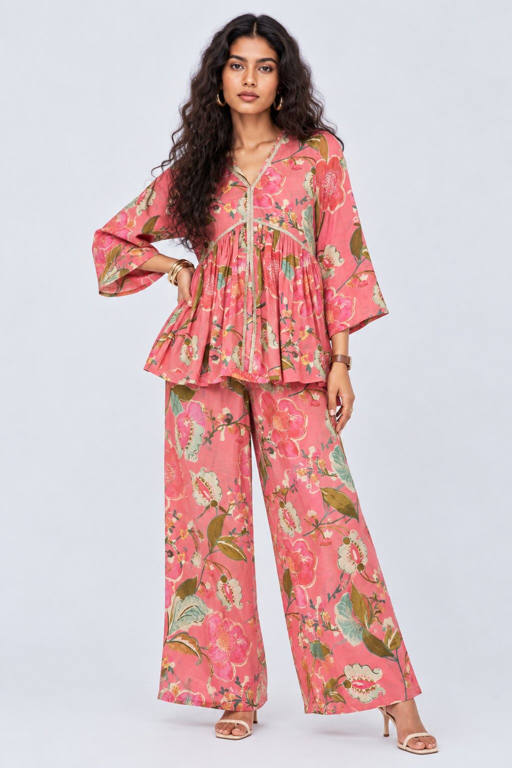 Womens Pink Floral Print Peplum Co-Ord Set - Image 2