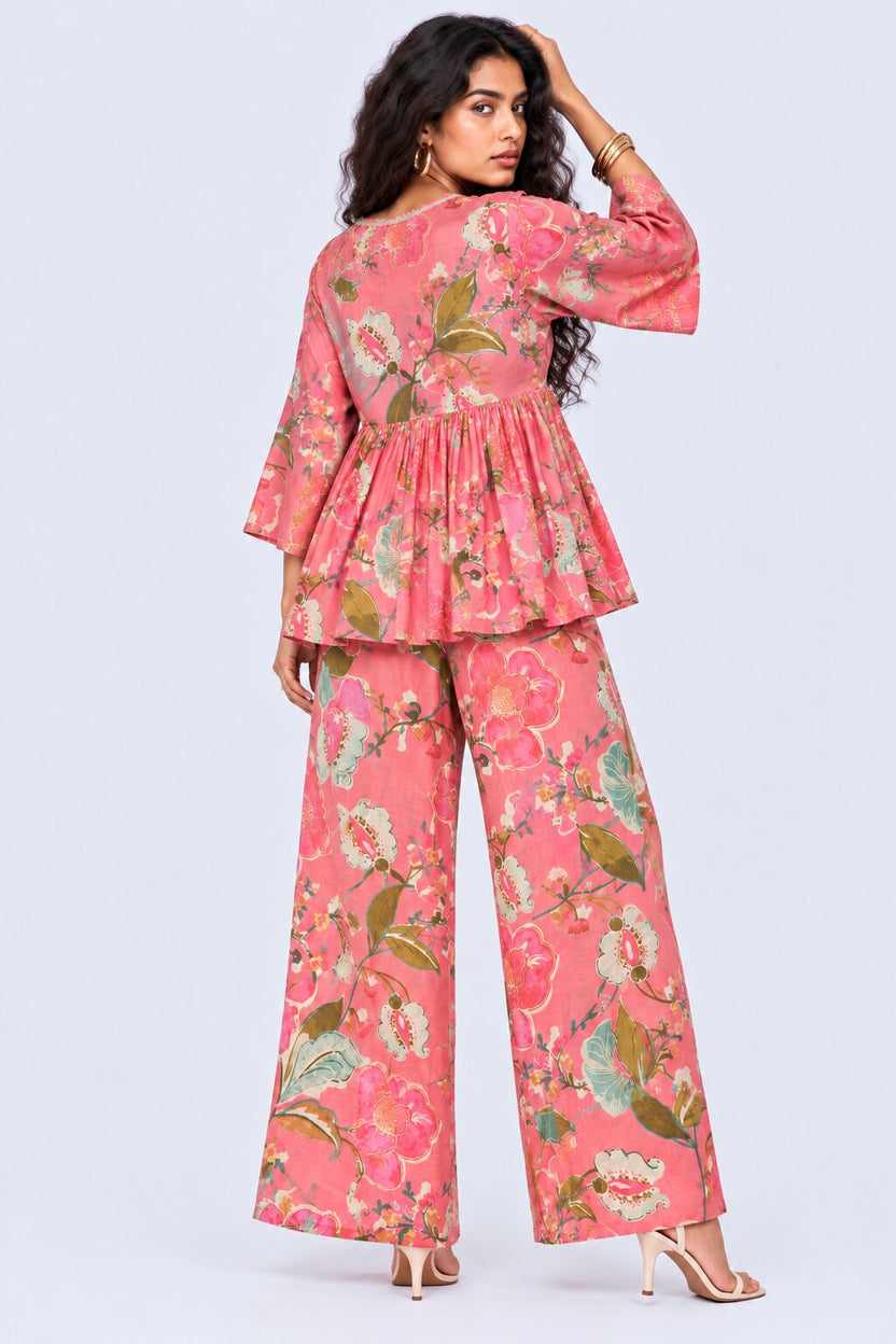 Womens Pink Floral Print Peplum Co-Ord Set - Image 5