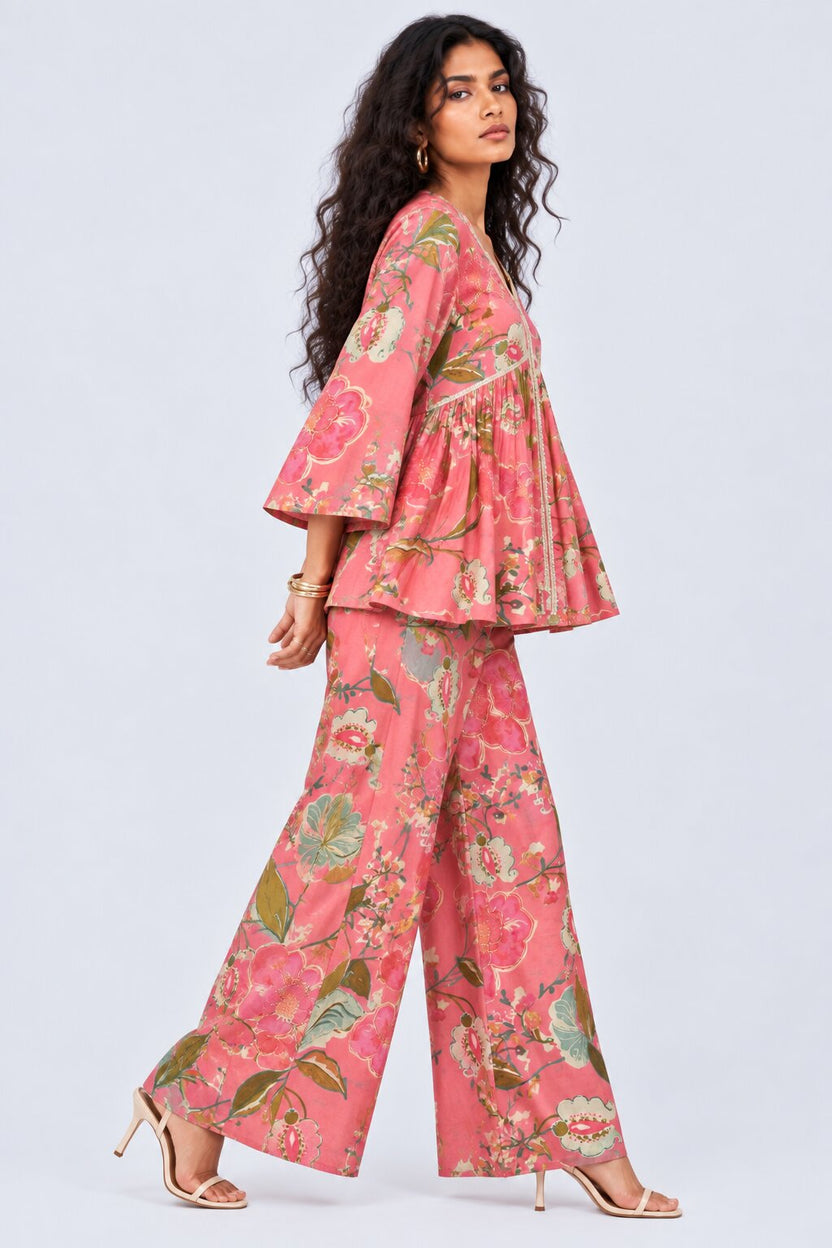 Womens Pink Floral Print Peplum Co-Ord Set - Image 6