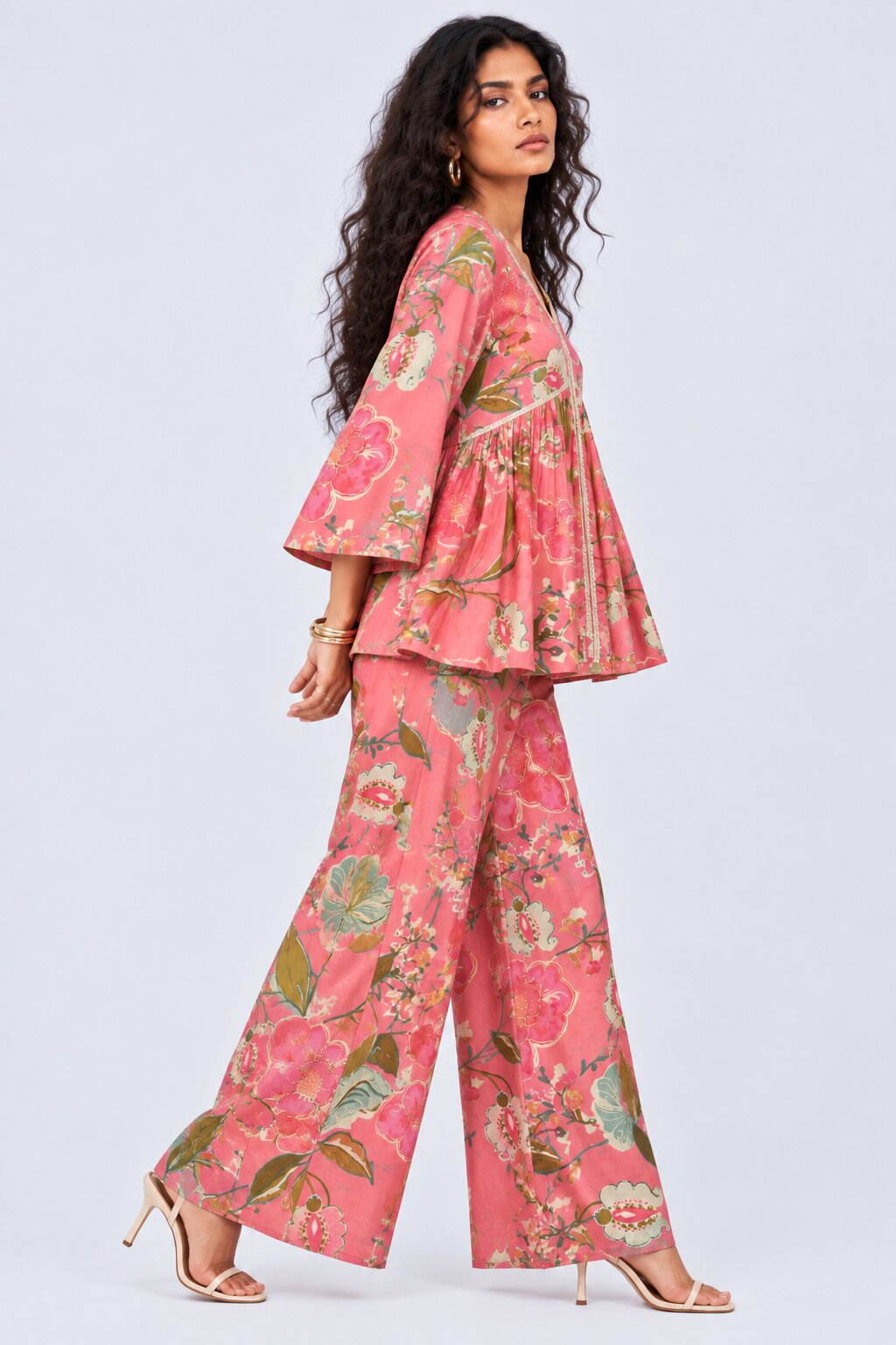 Womens Pink Floral Print Peplum Co-Ord Set - Image 6