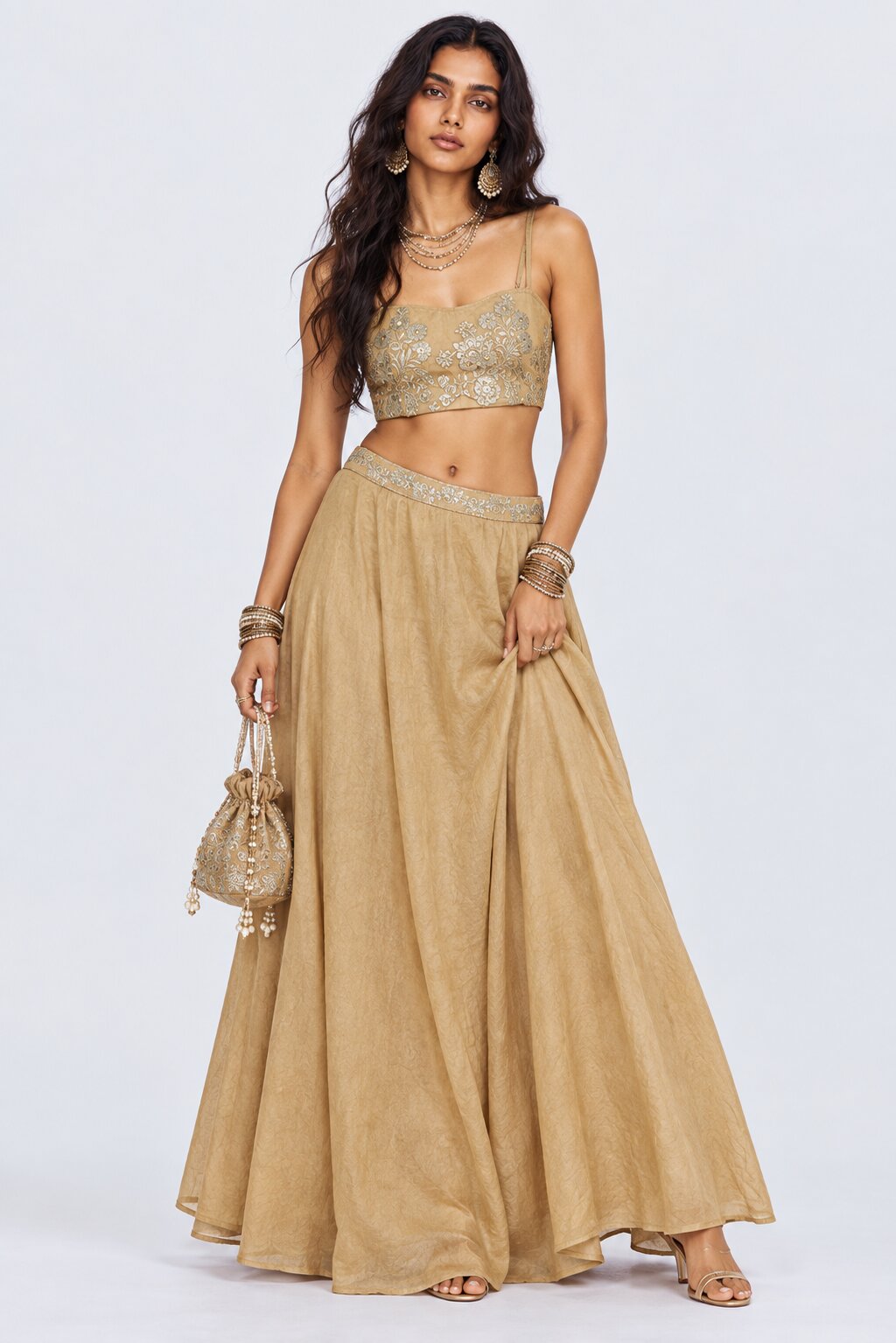 Womens Beige Textured Flared Skirt - Image 5