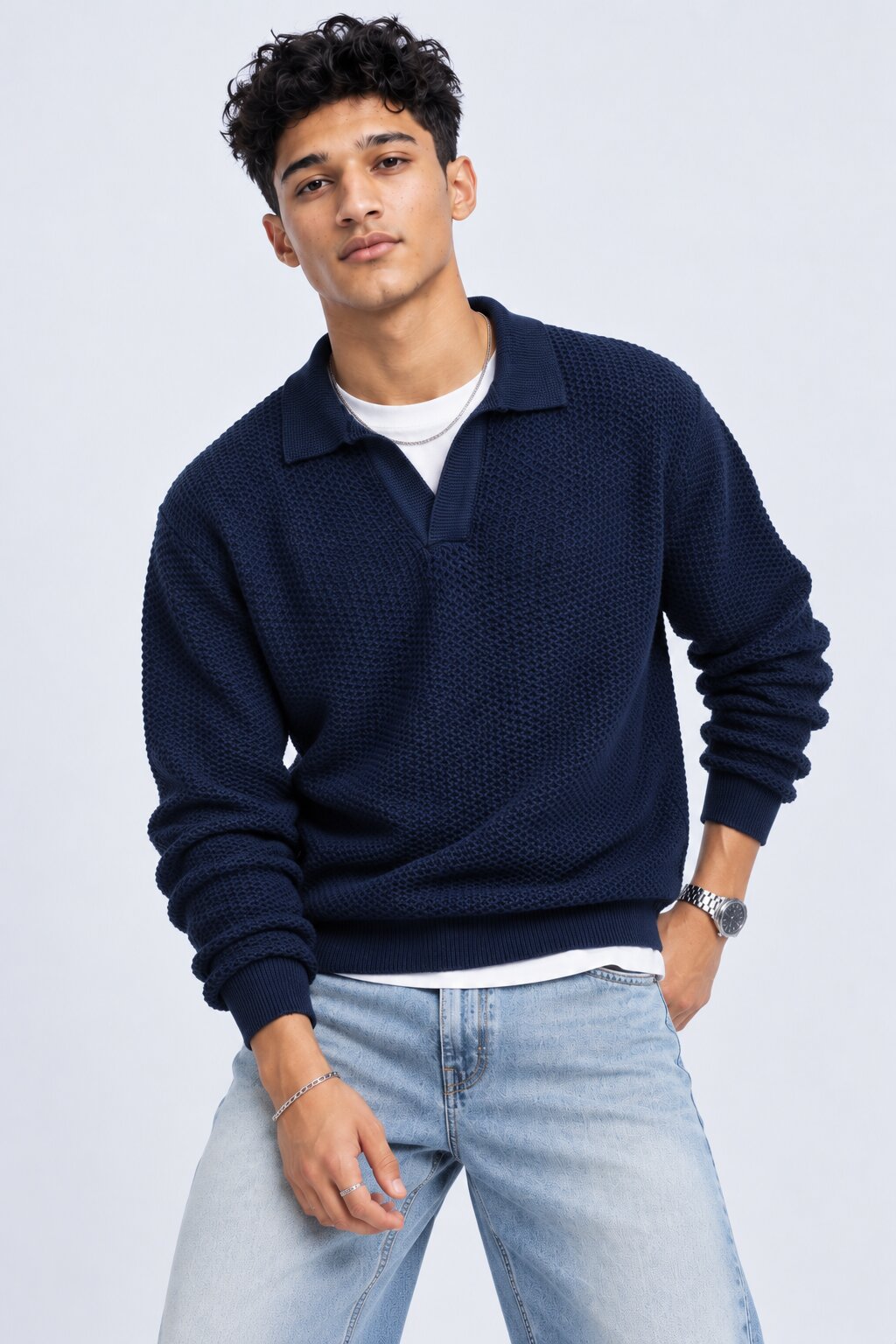 Mens Navy Textured Knit Polo Sweatshirt - Image 1