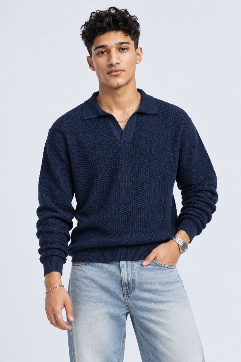 Mens Navy Textured Knit Polo Sweatshirt - Image 2