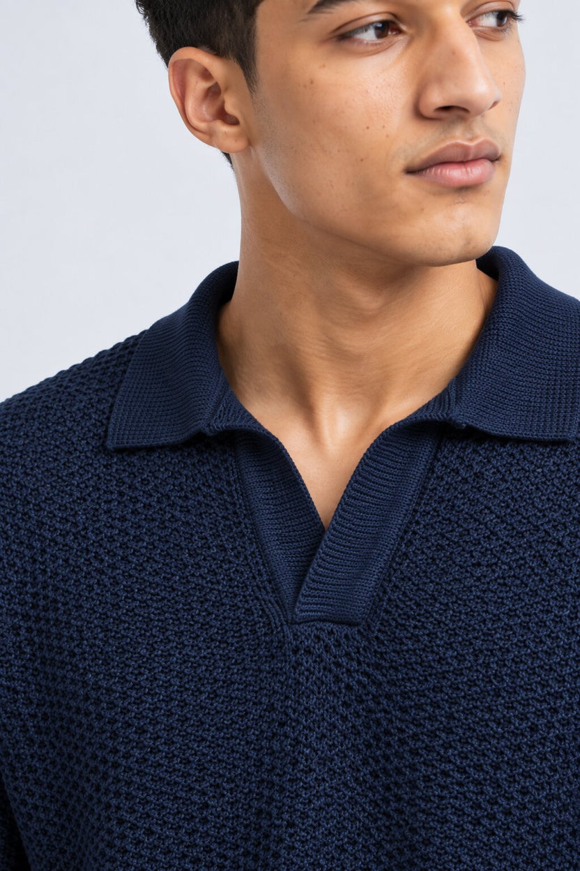 Mens Navy Textured Knit Polo Sweatshirt - Image 3