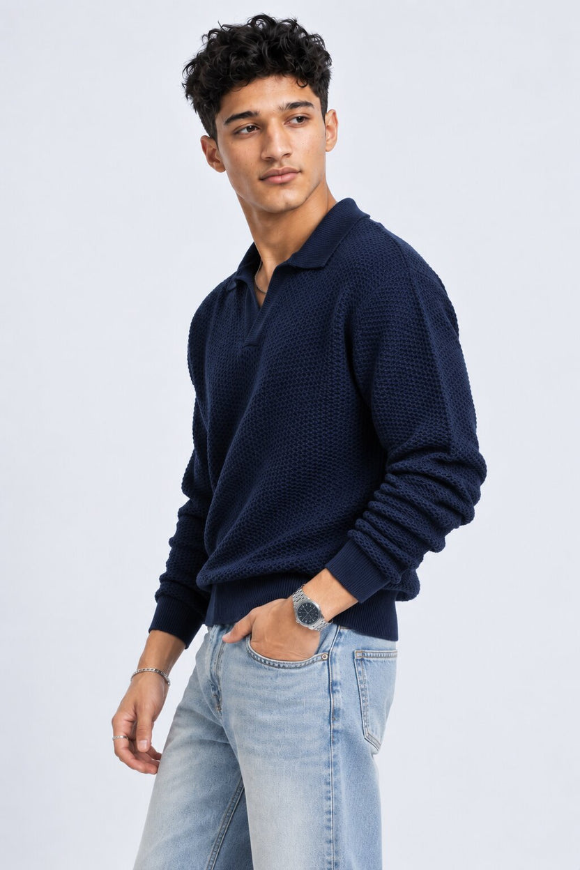 Mens Navy Textured Knit Polo Sweatshirt - Image 4