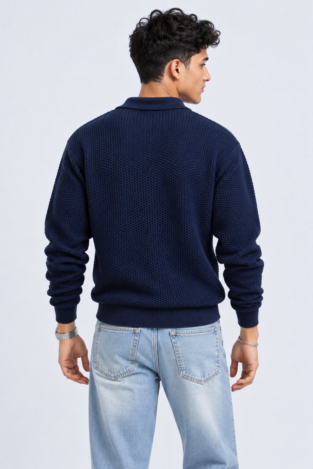 Mens Navy Textured Knit Polo Sweatshirt - Image 5