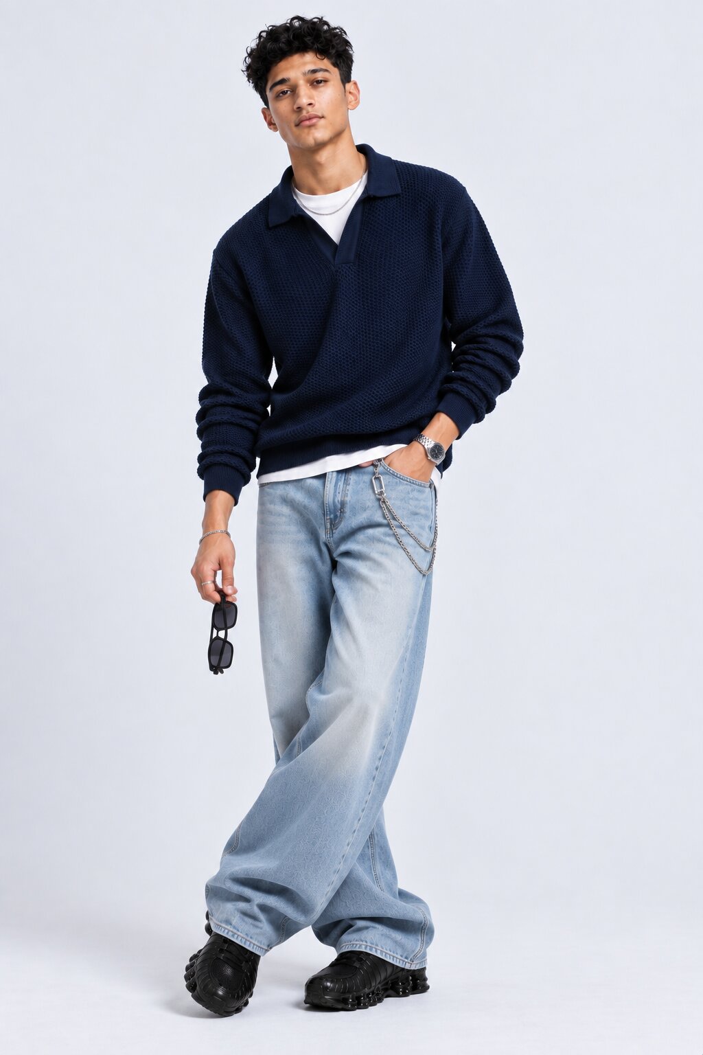 Mens Navy Textured Knit Polo Sweatshirt - Image 6
