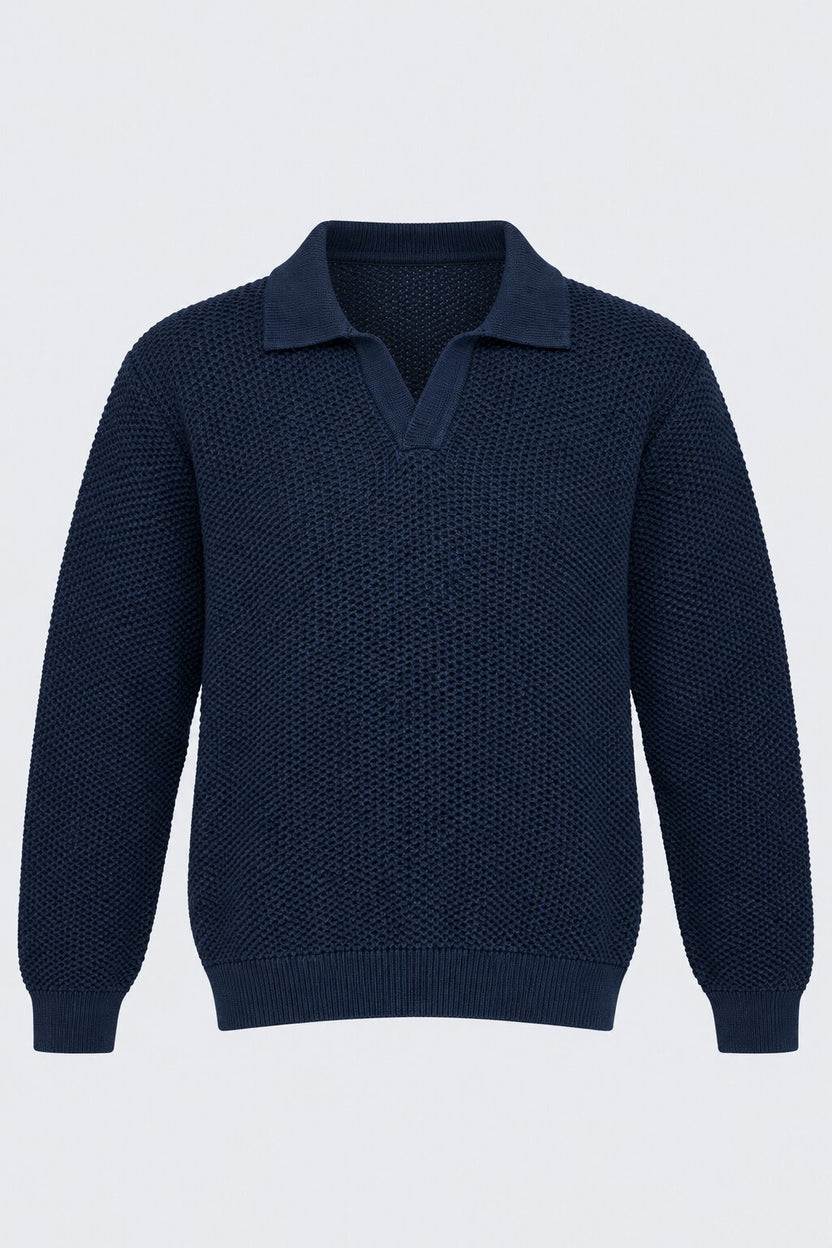 Mens Navy Textured Knit Polo Sweatshirt - Image 7