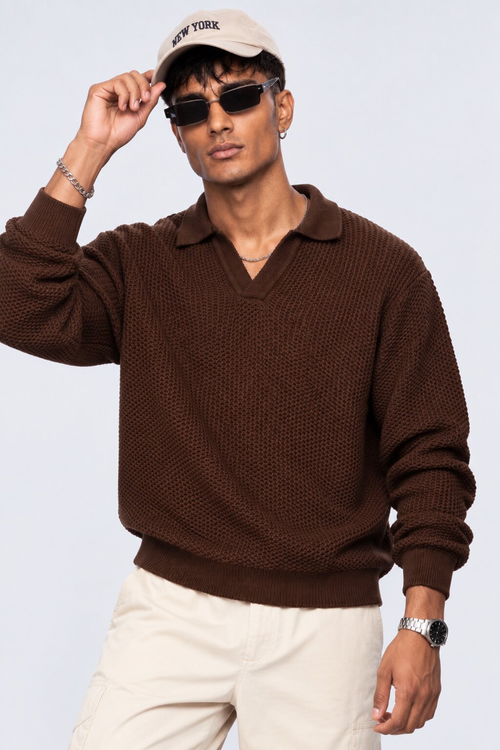 Mens Brown Textured Knit Polo Sweatshirt - Image 1