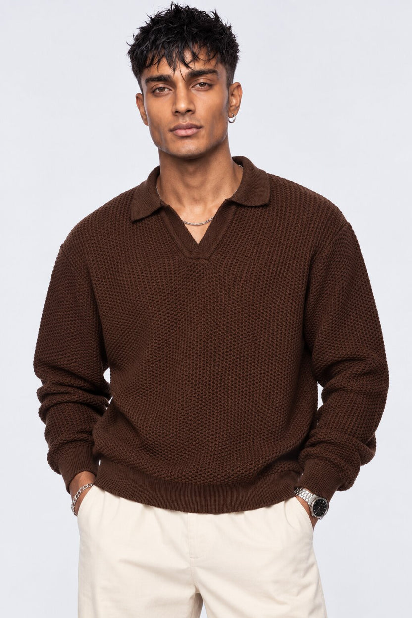 Mens Brown Textured Knit Polo Sweatshirt - Image 2