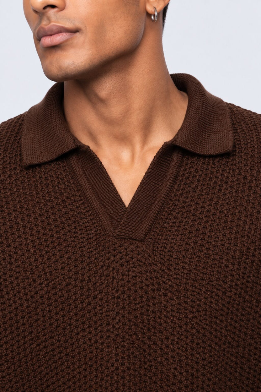 Mens Brown Textured Knit Polo Sweatshirt - Image 3