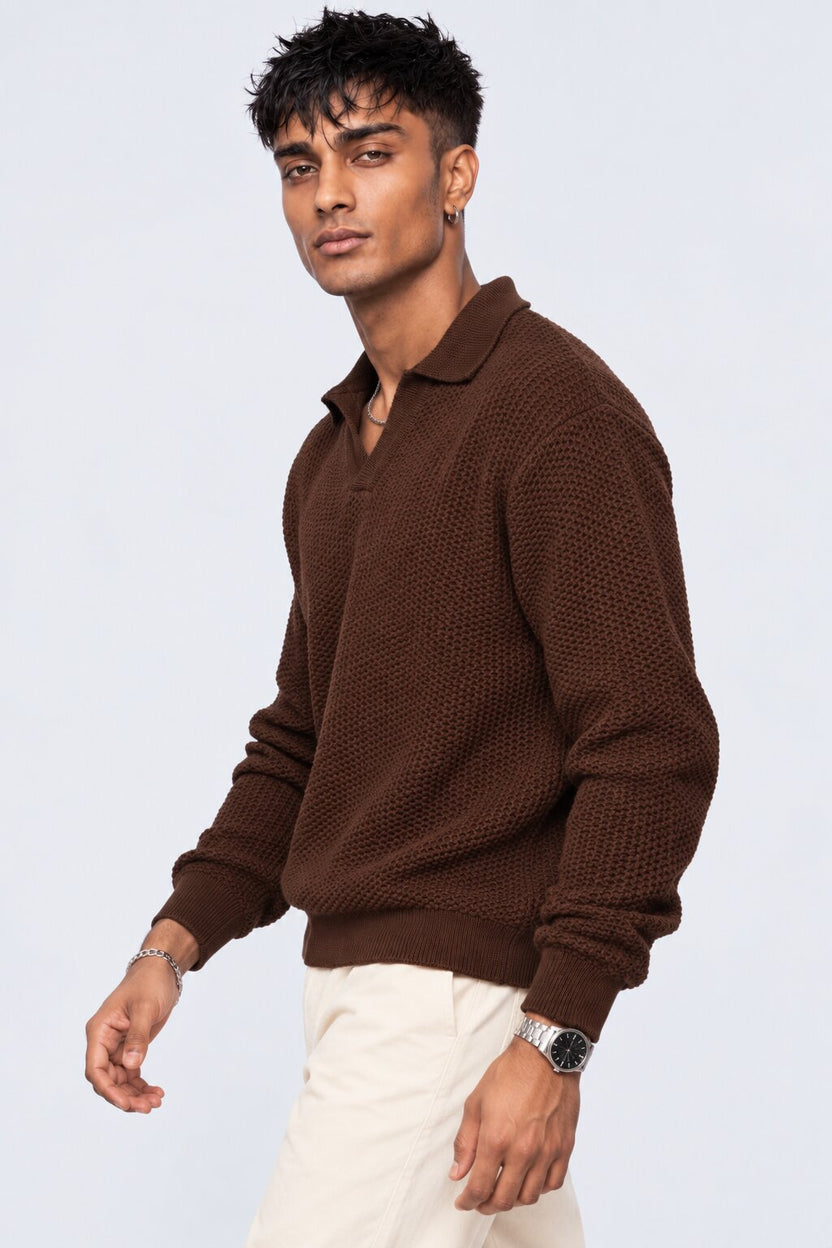Mens Brown Textured Knit Polo Sweatshirt - Image 4