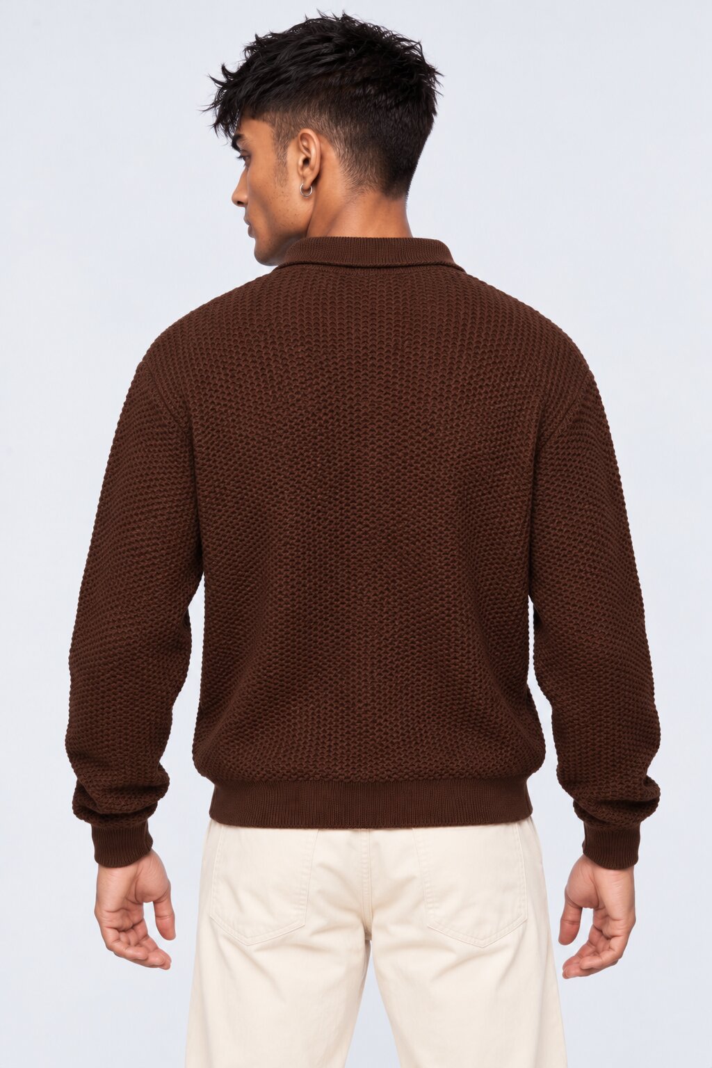 Mens Brown Textured Knit Polo Sweatshirt - Image 5